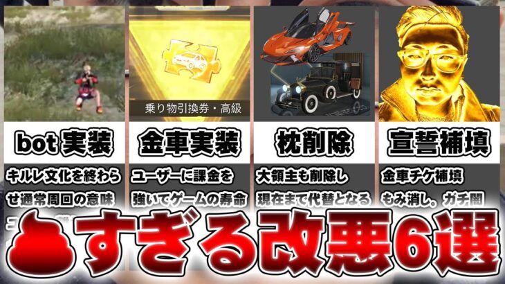 【荒野行動】歴代の💩改変、サイレント修正まとめ。bot実装。金車追加。金チケ補填削除。マクラーレン大領主事案等。無料無課金リセマラプロ解説こうやこうど拡散のため👍お願いします【アプデ最新情報攻略まとめ