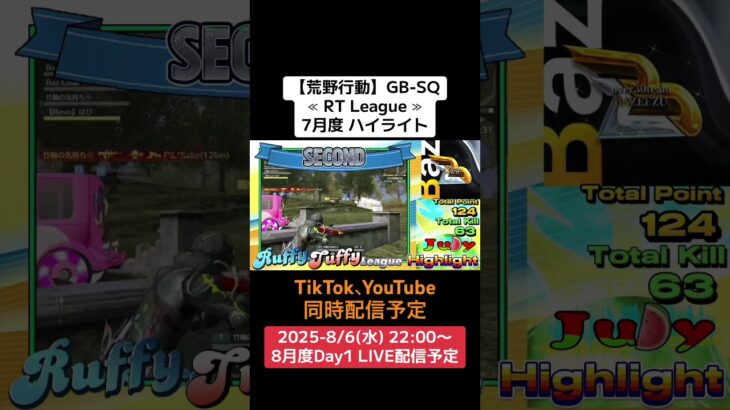【荒野行動】GB-SQ≪ RT League ≫7.月度 ハイライト #荒野行動 #GB #リーグ戦 #SQ #AT30 8/6(水)22:00〜配信予定、遊びに来て下さい