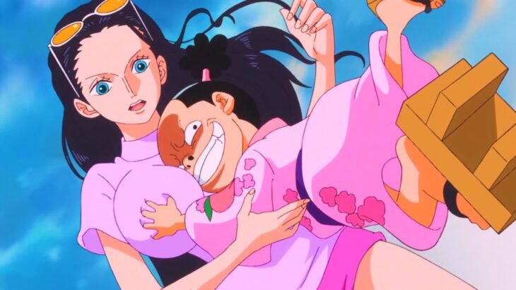 モモの助の正体が明らかになり、モモの助はナミとロビンの膝の上に飛び込む。【One Piece Best Moment】