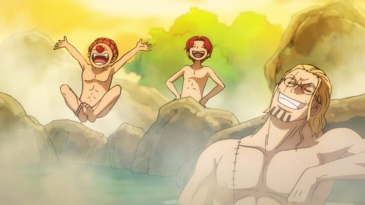Rayleigh shows off his huge body with Shanks and Buggy bathing in 100 degree hot water
