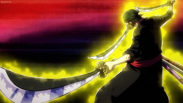 Zoro cuts off the King’s wings with the demon sword Enma and high level Conqueror Haki