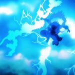 ルフィはカイドウと戦いながら雷を使用し、鬼ヶ島の下で地獄のような光景が広がります。- Luffy employs Lightning Power to battle against Kaido