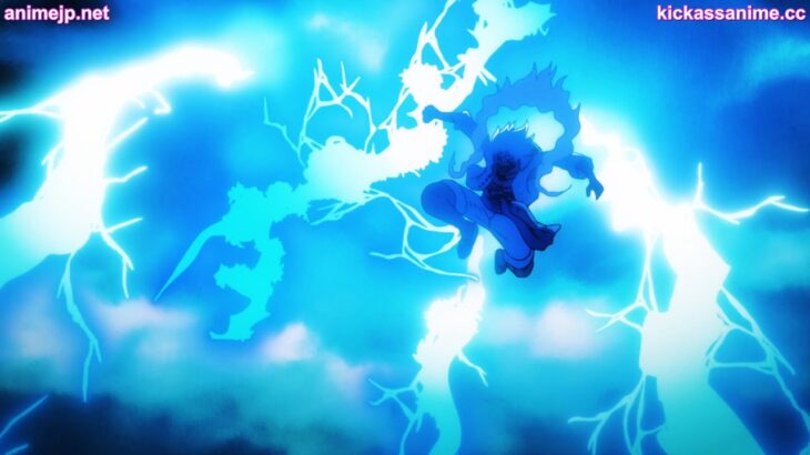 ルフィはカイドウと戦いながら雷を使用し、鬼ヶ島の下で地獄のような光景が広がります。- Luffy employs Lightning Power to battle against Kaido