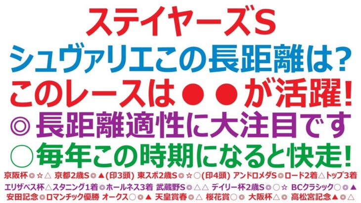 ステイヤーズステークス2024予想　シュヴァリエローズ、3600mの距離はどうなのか？このレースは●●が活躍！◎長距離適性に大注目です。○毎年この時期になると快走！