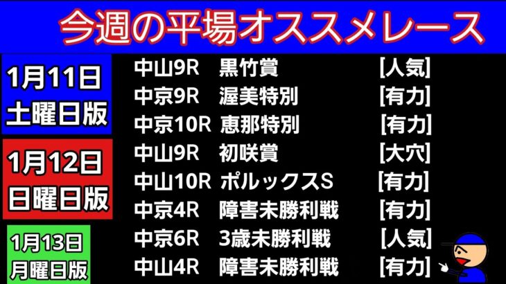 [平場オススメレース] 1月11日土曜日 1月12日日曜日 1月13日月曜日　黒竹賞　渥美特別　恵那特別　初咲賞　ポルックスステークス　障害未勝利戦3歳未勝利戦　障害未勝利戦　