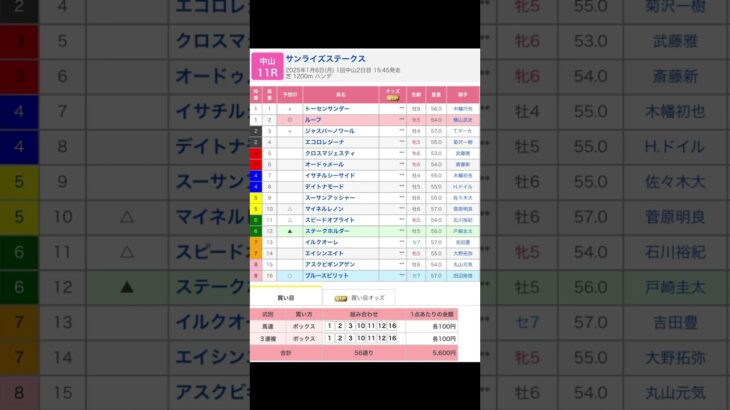 中山競馬場 メインレース サンライズステークス を予想します #競馬 #予想 #競馬予想 #買い目 #中山競馬 #中山競馬場 #jra #サンライズステークス #shorts