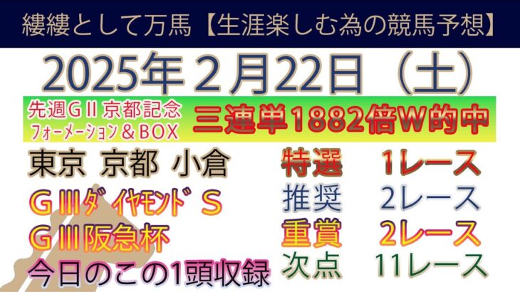 2025年2月22日土曜日競馬予想＃競馬＃平場予想＃中央競馬＃JRA＃競馬予想＃平場予想＃重賞予想＃ダイヤモンドステークス＃阪急杯