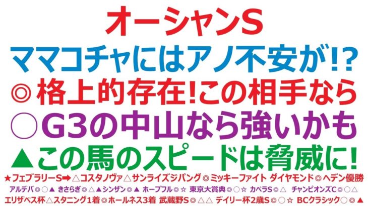 オーシャンステークス2025予想　ママコチャにはアノ不安が！？◎格上的存在！この相手なら。○G3の中山なら強いかも。▲この馬のスピードは脅威になる！