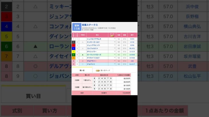 阪神競馬場 メインレース 若葉ステークス を予想します #競馬 #予想 #競馬予想 #買い目 #阪神11r #阪神競馬 #阪神競馬場 #jra #若葉ステークス #メインレース