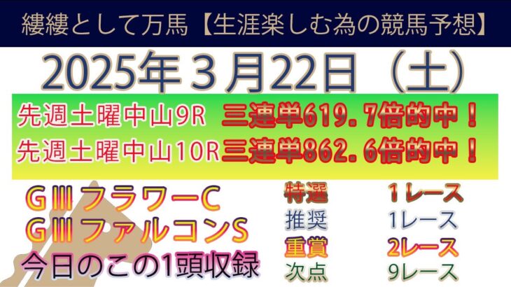 2025年3月22日　土曜日競馬予想＃競馬＃平場予想＃中央競馬＃JRA＃競馬予想＃平場予想＃重賞予想＃フラワーカップ＃ファルコンステークス