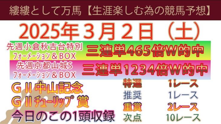 2025年3月2日　日曜日競馬予想＃競馬＃平場予想＃中央競馬＃JRA＃競馬予想＃平場予想＃重賞予想＃中山記念＃チューリップ賞