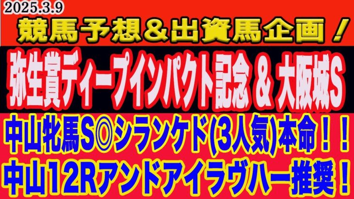 【 日曜日の競馬予想、出資馬企画、一口クラブ注目馬！】弥生賞ディープインパクト記念、大阪城ステークス2025予想！土曜、中山牝馬S◎シランケド(3人気)本命！勝ち馬はこの馬だ！