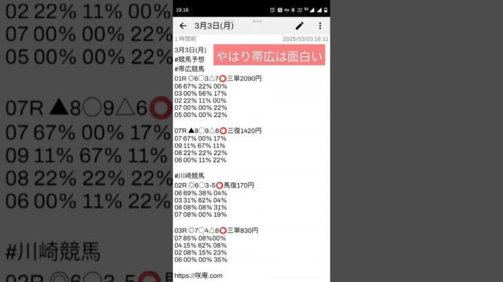 3月3日(月) #競馬予想 #帯広競馬 #川崎競馬