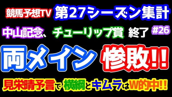 【競馬予想TV 第27シーズン集計】 両メイン惨敗😭  見栄晴予言で横綱、キムラがねらい目Ｗ的中🎊 【中山記念、チューリップ賞 終了】