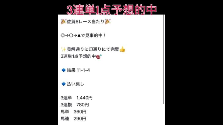佐賀6レース3連単1点予想的中🎯 #万馬券 #まい競馬