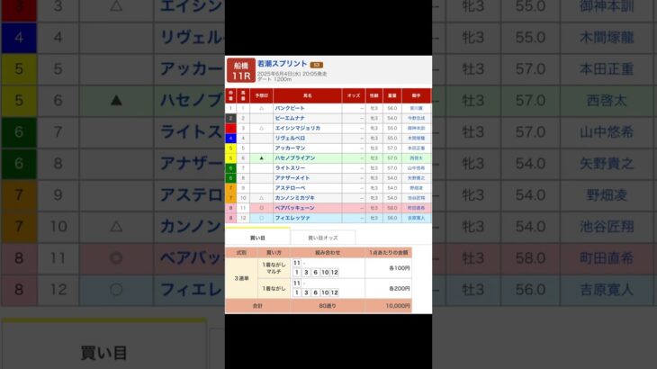 船橋競馬場 メインレース 若潮スプリント（Ｓ３） を予想します #競馬 #予想 #競馬予想 #買い目 #船橋11r #船橋競馬 #船橋競馬場 #地方競馬 #メインレース #馬 #若潮スプリント #重賞