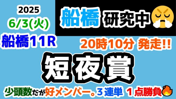 【船橋競馬研究中😏】少頭数だが好メンバー!!　３連単 １点勝負😤【2025.6.3 船橋11R 短夜賞】