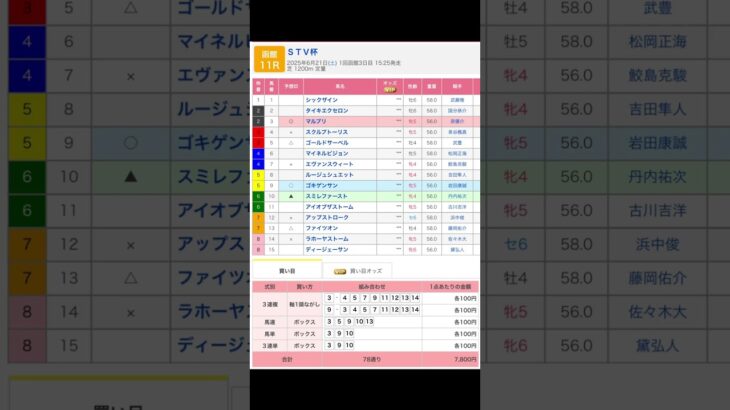 函館競馬場 メインレース ＳＴＶ杯 を予想します #競馬 #予想 #競馬予想 #買い目 #函館競馬 #函館競馬場 #jra #ＳＴＶ杯 #メインレース #マルプリ #原優介 #ゴキゲンサン #岩田康成