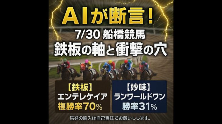 (２分解説)【0730 船橋競馬AI予想ダイジェスト】AIが断言！習志野きらっとスプリントの鉄板軸と、勝率31%の衝撃お買い得馬#船橋競馬#南関東競馬#習志野きらっとスプリント#エンテレケイア