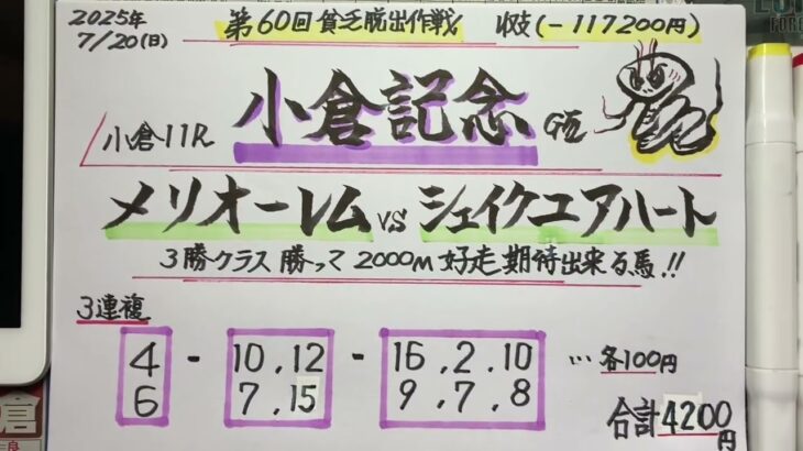 【競馬予想】小倉11R 小倉記念🐎前走勝ちの2000m好走馬に期待😤❗️第60回貧乏脱出作戦❗️