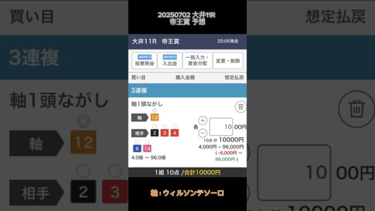 20250702 #帝王賞 #予想 #大井競馬予想 #ウィルソンテソーロ #3連複 #流し