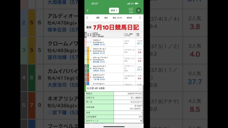 【競馬記録】 7月10日競馬記録#ギャンブル #競馬 #競馬予想 #競馬初心者 #お金