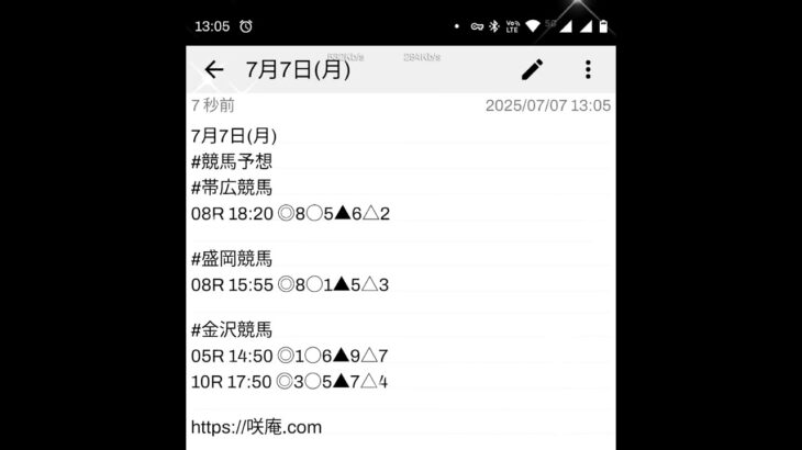 7月7日(月) #競馬予想 #帯広競馬 #盛岡競馬 #金沢競馬