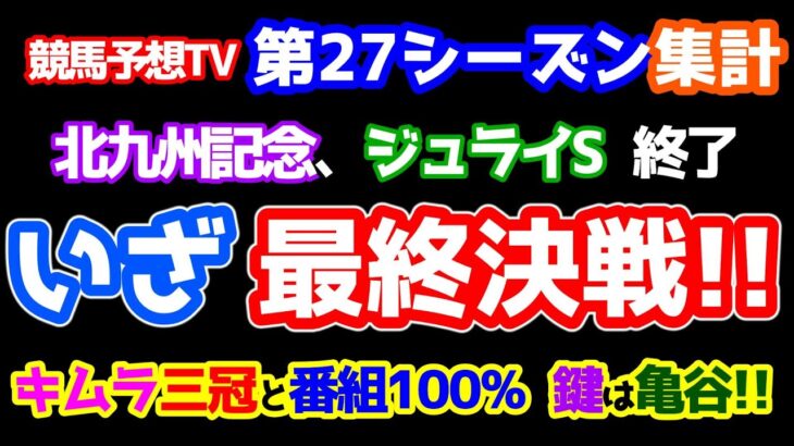 【競馬予想TV 第27シーズン集計】 いざ最終決戦へ😤  キムラ三冠と番組100％の鍵を握るのは亀谷🐢　井内、無念😑 最終週の出演予想家決定!!【北九州記念、ジュライS 終了】