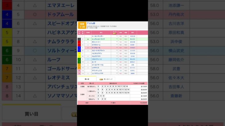 函館競馬場 メインレース ＴＶｈ杯 を予想します #競馬 #予想 #競馬予想 #買い目 #函館競馬 #函館競馬場 #jra #函館スプリントステークス #メインレース #ＴＶｈ杯